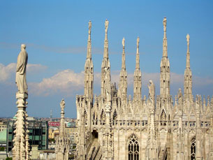 Spires and statues atop the Duomo